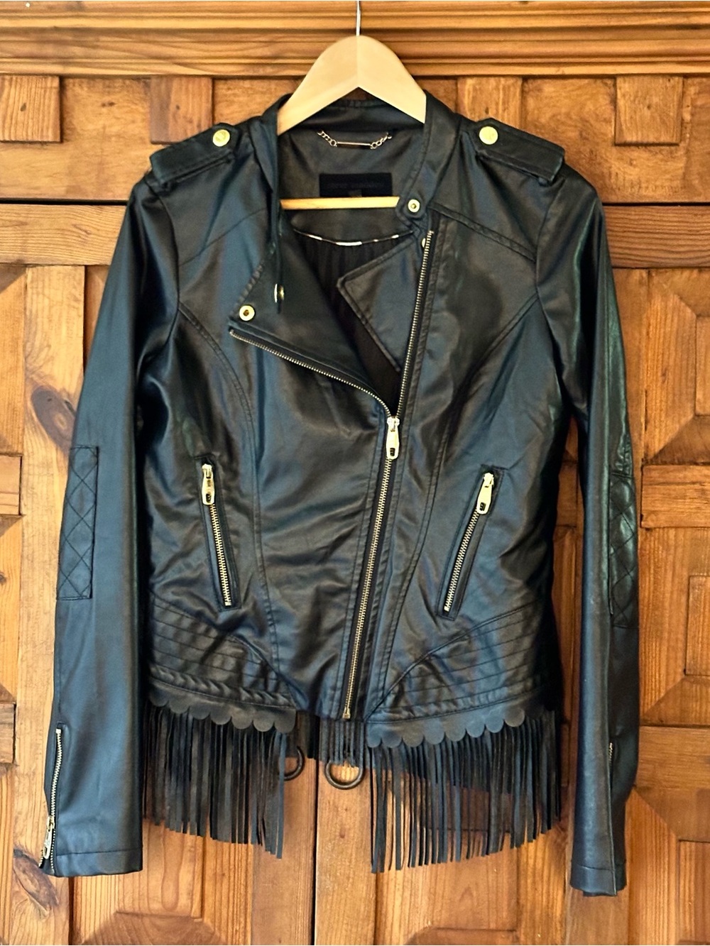 Steve Madden Asymmetrical Black Faux Leather Fringe Moto Jacket
